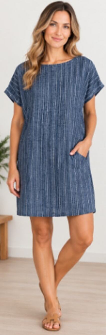 Eileen Fisher Organic Linen Blue Striped Shift Dress Size m